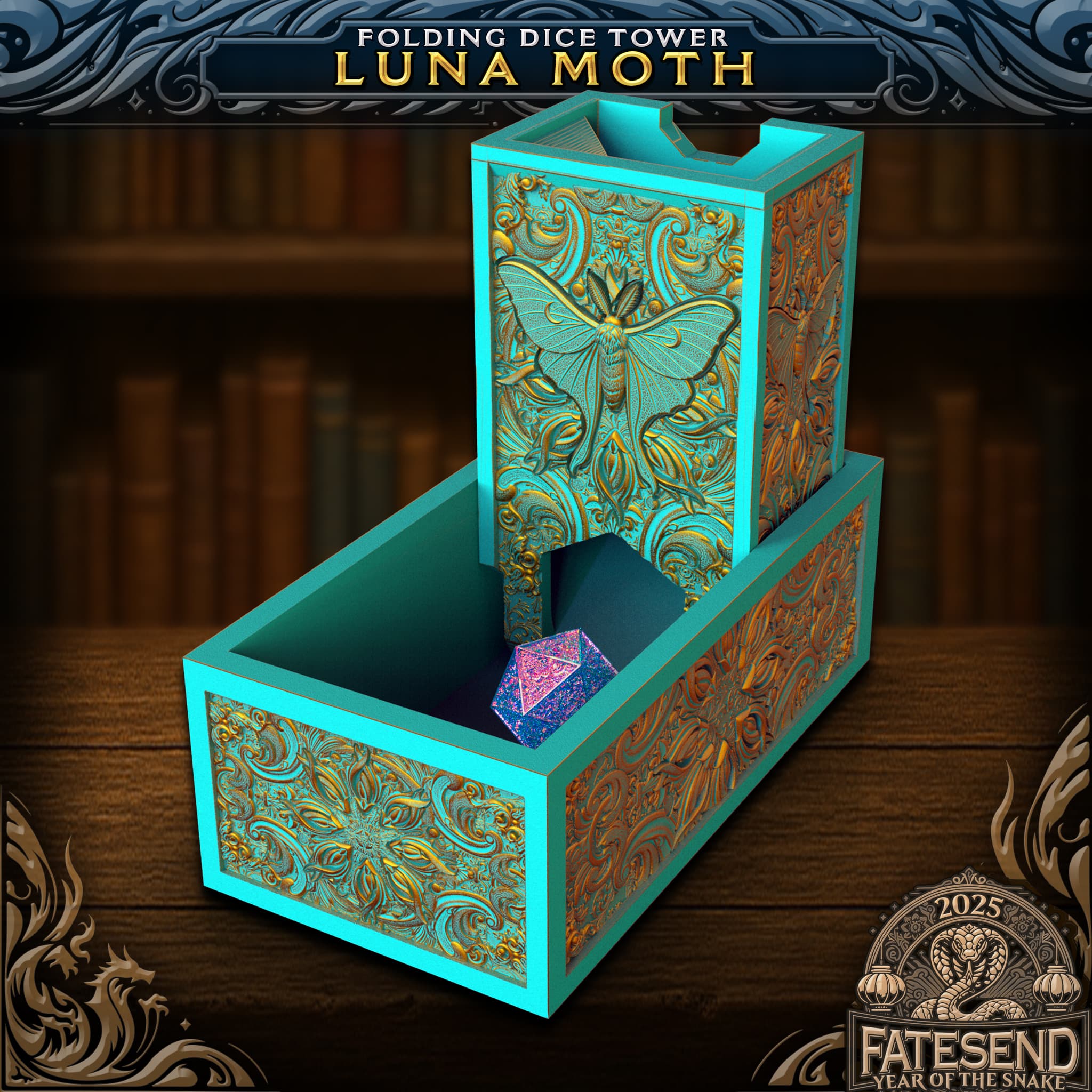 Folding Luna Moth Dice Tower — teal and gold with luna moth design